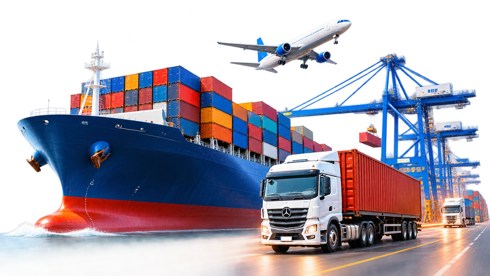Container ship, containers, freight truck and global logistics